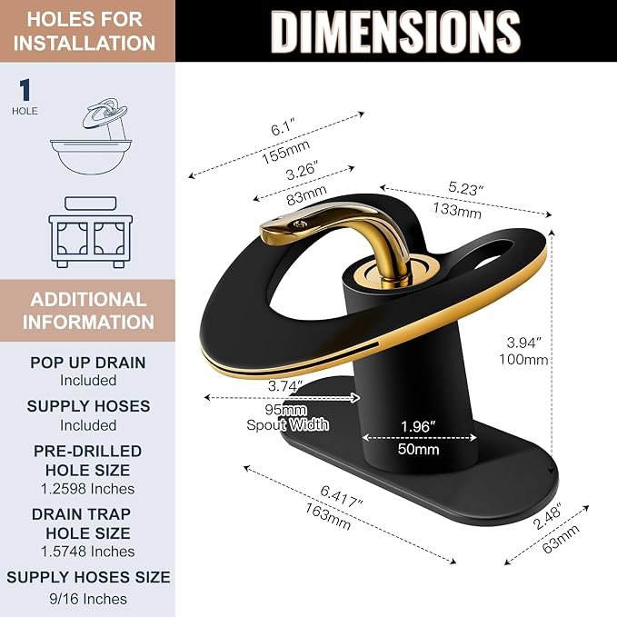Black Gold Waterfall Sink Single Hole Vanity 1 Handle Brass Modern Unique Bathroom Faucets, 2 Tone Single Lever Copper Swan Style Vessel Hollow Faucet with Deck Plate for 3 Hole