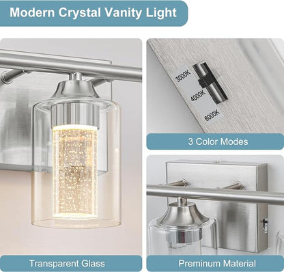 3-Light Brushed Nickel Bathroom Vanity Light with 3 Color Modes (3000K/4000K/6000K), Dimmable Modern Wall Light Over Mirror with Clear Glass Shade