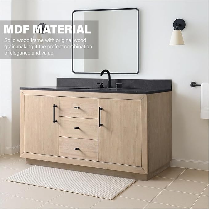 60 Inch Bathroom Vanity with Single Sink & Black Ceramic Top, MDF Material Vanity Cabinet with Basin Combo, Soft-Closing Doors, Removable Shelf, Backsplash