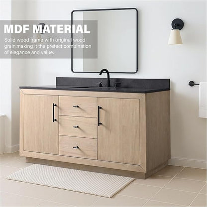 60 Inch Bathroom Vanity with Single Sink & Black Ceramic Top, MDF Material Vanity Cabinet with Basin Combo, Soft-Closing Doors, Removable Shelf, Backsplash