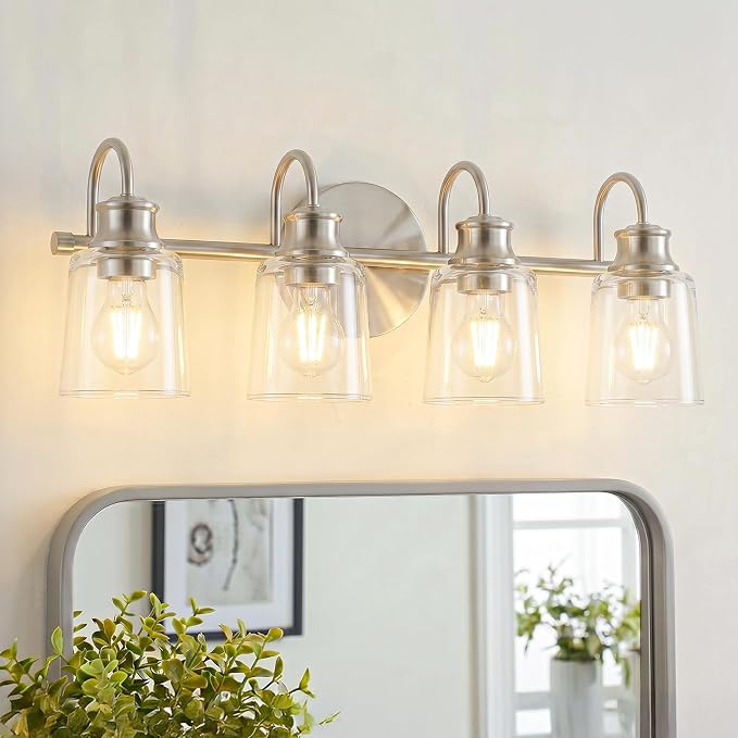 4 Lights Bathroom Light Fixtures Brushed Nickel Vanity Lights | ETL Certificate, Easy to Install,Wall Mount Up or Down,Thickened Glass Lampshade,E26 Socket,Hardwired