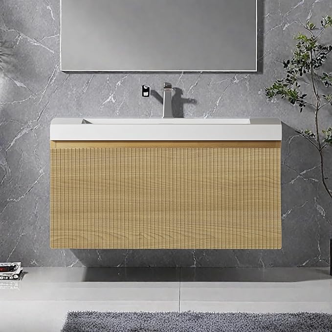 Wall Mounted Bathroom Sink Vanity, Modern 30" Floating Vanity with Resin Top Basin Sink and U-Shaped Soft-Close Storage Drawer, Striped Bathroom Storage Cabinet with Invisible Handle, Wood