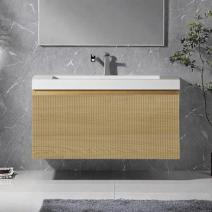 Wall Mounted Bathroom Sink Vanity, Modern 30" Floating Vanity with Resin Top Basin Sink and U-Shaped Soft-Close Storage Drawer, Striped Bathroom Storage Cabinet with Invisible Handle, Wood