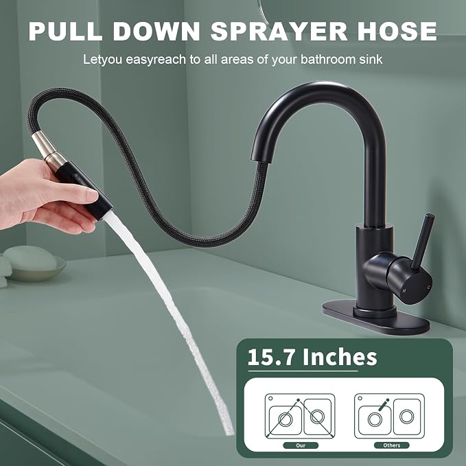 Black Bathroom Sink Faucet with Pull Down Sprayer | 2 Mode Sprayer, with Deck Plate for 1 or 3 Hole, 360° Swivel, with Pop Up Drain for Vanity Bar RV Basin Laundry Kitchen