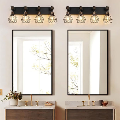 Farmhouse Bathroom Vanity Light Fixtures, 4-Light Black Gold Bathroom Light Fixtures Over Mirror, Rustic Wood Sconces Wall Lighting with Elegant Metal Lampshade for Living Room, Bedroom, Hallway