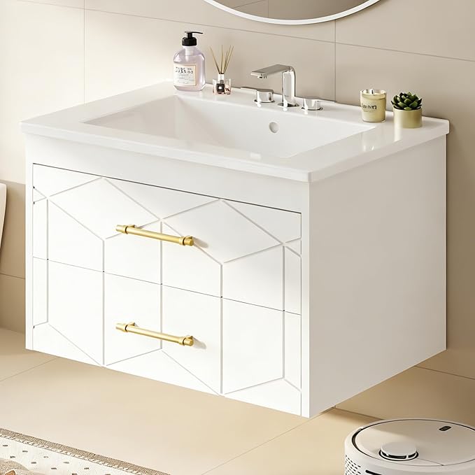 IDEALHOUSE Floating Bathroom Vanity with Sink 30 inch, Modern Bathroom Sink Cabinet, Ceramic Vanity Top, 2 Large Storage Drawers with Gold Metal Handle, Easy to Assembly, White