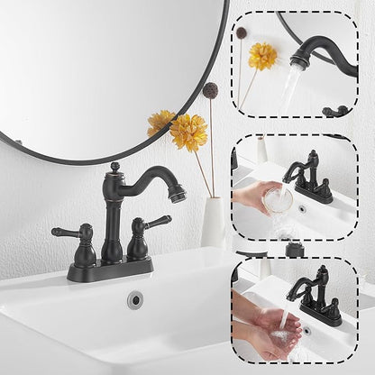 GGStudy Oil Rubbed Bronze Bathroom Faucet 2 Handles 4 Inches Centerset RV Bathroom Vanity Faucet with Drain Assembly and Supply Hose Lavatory Faucet