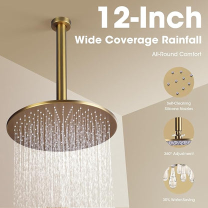 TRUSTMI 12" Ceiling Mount Rainfall, Pressure Balanced Valve, Brushed Gold | Solid brass kit with push-button diverter for handheld spray. cUPC valve prevents scalding for family safety