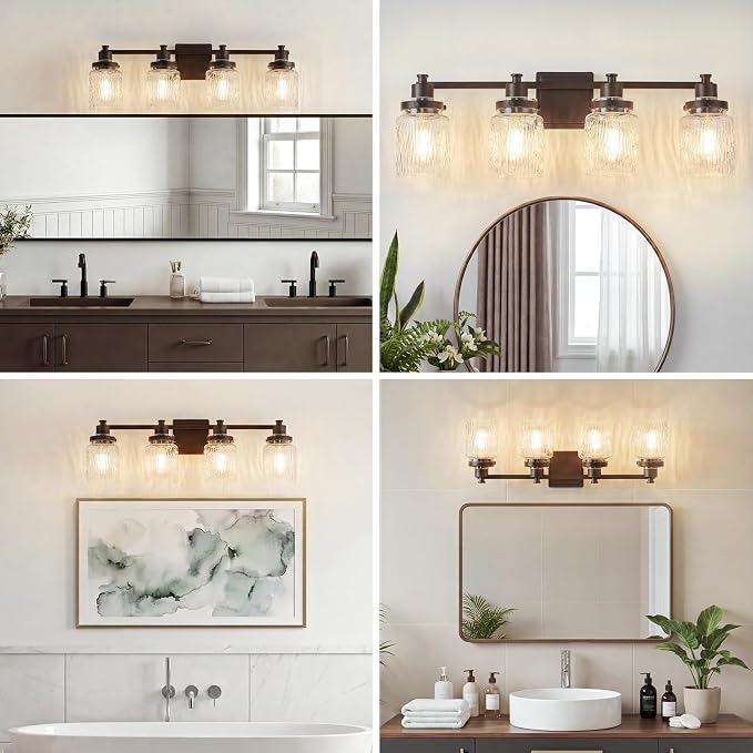 4 Light Bathroom Vanity Light Fixtures Farmhouse Oil Rubbed Bronze | ETL Certificate, Easy to Install,Wall Mount Up or Down,Hammered Glass Lampshade,E26 Socket,Hardwired,120V