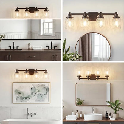 4 Light Bathroom Vanity Light Fixtures Farmhouse Oil Rubbed Bronze | ETL Certificate, Easy to Install,Wall Mount Up or Down,Hammered Glass Lampshade,E26 Socket,Hardwired,120V