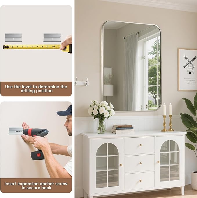Brushed Nickel Mirror, 30"x36" Rectangle Bathroom Mirror, Metal Frame Rectangle Corner Vanity Mirror, Wall Mounted Mirror for Modern, Living Room, Bedroom, Horizontal Or Vertical