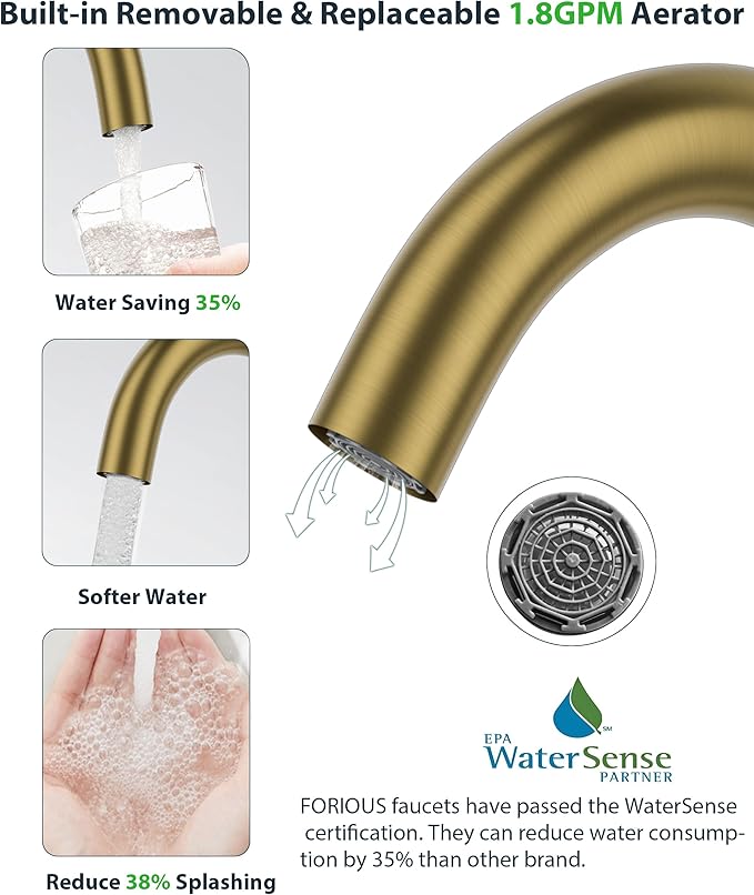 FORIOUS Brushed Gold Bathroom Faucet 1 Hole Single Handle 360° Swivel Gooseneck Spout, with Metal Pop Up Drain and cUPC Supply Line, Suitable for Wet Bar Kitchen RV Vanity Restroom