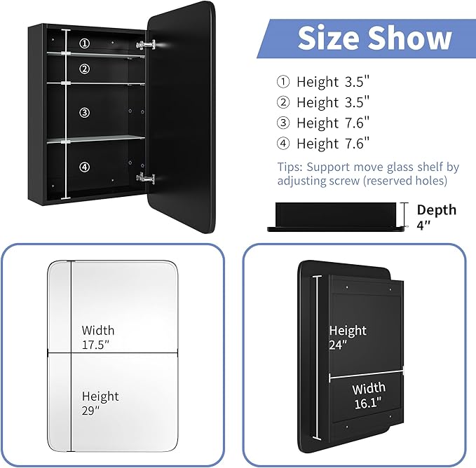 Vintage-Style Bathroom Wood Black Cabinet with 17.5''x29'' Curved Mirror, Recessed Medicine Cabinet, Bathroom Storage Cabinet