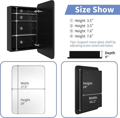 Vintage-Style Bathroom Wood Black Cabinet with 17.5''x29'' Curved Mirror, Recessed Medicine Cabinet, Bathroom Storage Cabinet