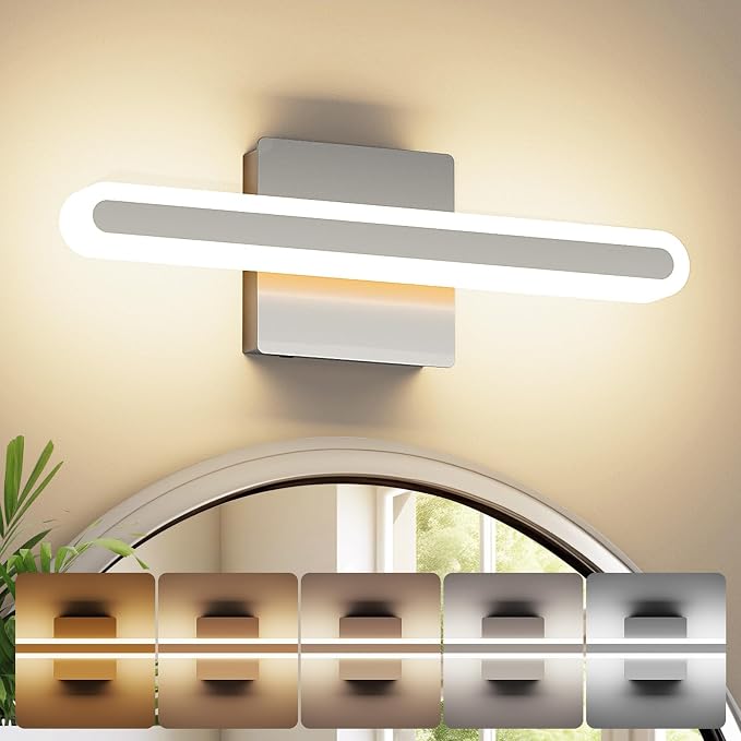 Modern Brushed Nickel Vanity Light for Bathroom 5CCT Dimmable LED Light Bar | 15.7 Inch 16W Hardwired Mirror Light, Adjustable Brightness, Modern Bathroom Lighting