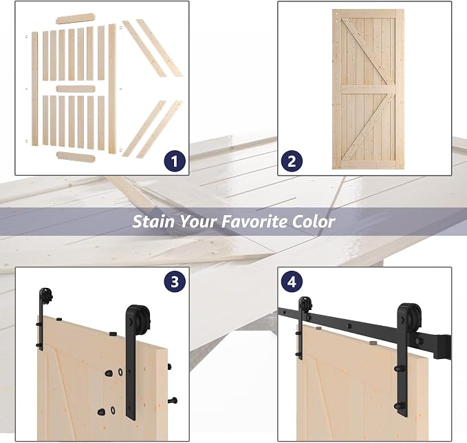 SMARTSTANDARD 42in x 84in Sliding Barn Door with 7ft Barn Door Hardware Kit Included, Unfinished Solid Spruce Wood Door, Assembly Required, DIY, Stainable, Natural | Unfinished Solid Spruce Wood Door, Assembly Required, DIY, Stainable, Natural
