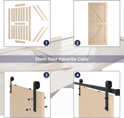 SMARTSTANDARD 42in x 84in Sliding Barn Door with 7ft Barn Door Hardware Kit Included, Unfinished Solid Spruce Wood Door, Assembly Required, DIY, Stainable, Natural | Unfinished Solid Spruce Wood Door, Assembly Required, DIY, Stainable, Natural