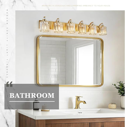 6-Lights Brushed Brass Bathroom Light Fixture Gold Vanity Lights Modern Crystal Bathroom Vanity Lighting Over Mirror Wall Sconce with K9 Crystal Shade E26 Base for Living Room, Bedroom Wall Lamp