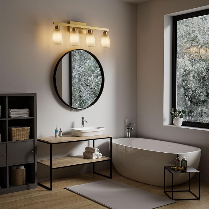 Lightdot 4 Light Bathroom Vanity Light, 26.5" Gold Bathroom Light Fixtures with Frosted Glass Waterproof Shades, Rust-Proof Modern Vanity Lights Over Mirror for Kitchen Hallway Cabinet Porch