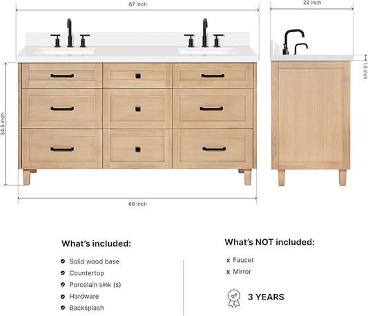 ARIEL Monroe 66-inch Bathroom Vanity with Sink,Solid Wood, 1.5-inch Pure White Quartz Countertop & Backsplash, Double Oval Porcelain Sink, 9 Dovetail Drawers, Matte Black, White Oak