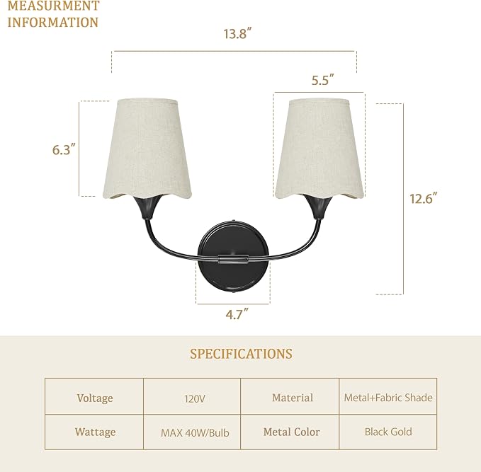 Morauroral Bathroom Light Fixtures Over Mirror, 2 Light Vanity Light for Bathroom, Black Vanity Light Fixtures with Fabric Linen Shade, E26 Socket Sconce Wall Decor(ETL Listed)