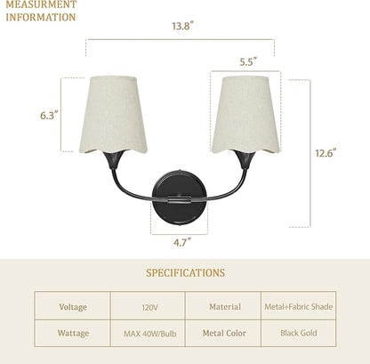 Morauroral Bathroom Light Fixtures Over Mirror, 2 Light Vanity Light for Bathroom, Black Vanity Light Fixtures with Fabric Linen Shade, E26 Socket Sconce Wall Decor(ETL Listed)