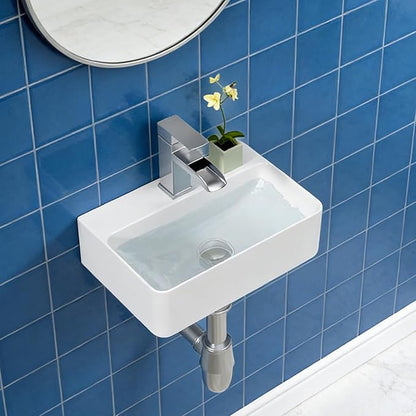 Lordear 14.5x10 Inch Small Wall Mounted Vessel Sink Floating Corner Bathroom Sink Wall hung Pure Glossy White Ceramic Wash Basin Sink 14.5x10x4.2 Inch for Tiny Room