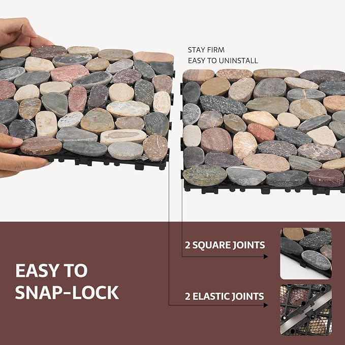 Pebble Tile, Natural Stone Paver Tile, Mountain Grey 4 Sheets | Interlocking Deck Tiles for Patio,Outdoor and Indoor Floor Tiles for Porch Poolside