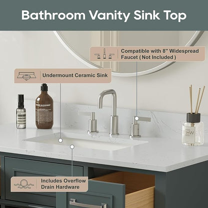42 Inch Bathroom Vanity with Sink, Fully Assembled, Green | Solid Wood Single Sink Bathroom Vanity, Modern Bathroom Sink Cabinet, Soft Close Doors & Dovetail Drawers, 0.78" Stone Top