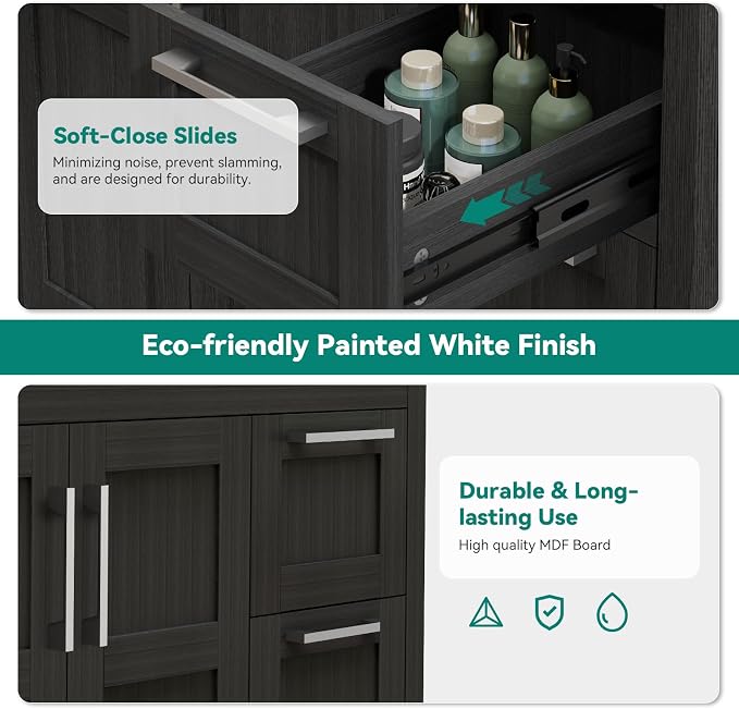 YOURLITE 36" Bathroom Vanity with Sink, Black Bathroom Vanity Cabinet with Faucet & Pop Up Drain Set,Traditional Vanity with Black Glass Bowl Bathroom Sink