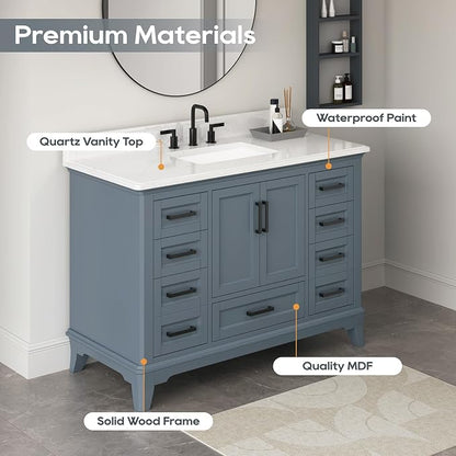 48 Inch Bathroom Vanity with Sink, Modern Bathroom Vanity with White Quartz Countertop, Solid Wood Frame Bathroom Sink Cabinet with Soft Closing Doors & Dovetail Drawers, Steel Blue