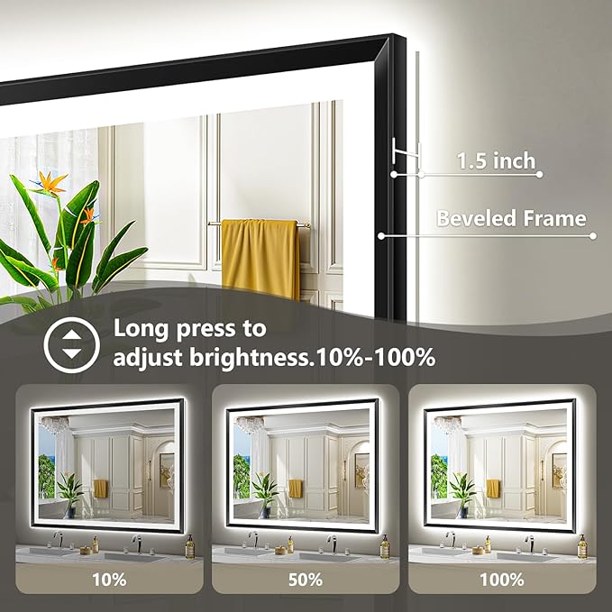 48x32 Black Framed LED Bathroom Mirror with Lights, Backlit and Front Light, Lighted Bathroom Vanity Mirror for Wall Dimmable Anti-Fog Memory Tempered Glass Horizontal/Vertical