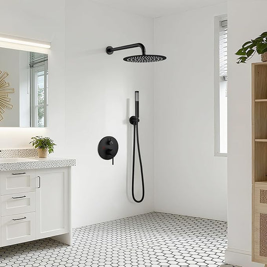 gotonovo Shower Faucet Set with Rough-in Valve Trim Kit,Matte Black | 10 Inch Round Rain Showerhead with Handheld Spray,Bathroom Wall Mount Shower System Complete Combo,2-in-1 Diverter,All Metal