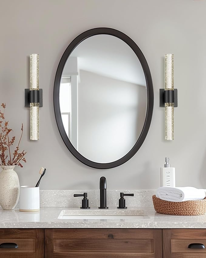 Bathroom Light Fixtures, HWH LED Vanity Lights Over Mirror 11W with Crystal Bubble Glass, Black Vanity Lamp Bar Indoor Wall Sconce Light, 3000K/4000K/5000K Dimmable, 5HW76B-LED BK