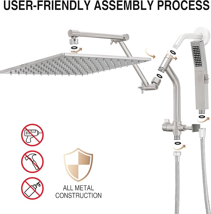 All Metal 12 Inch Rain Shower Head with Handheld Built-in Power Wash Mode, High Pressure Waterfall Rainfall Square Shower Heads with 16" Adjustable Extension Arm, Dual Showerhead(Brushed Nickel)