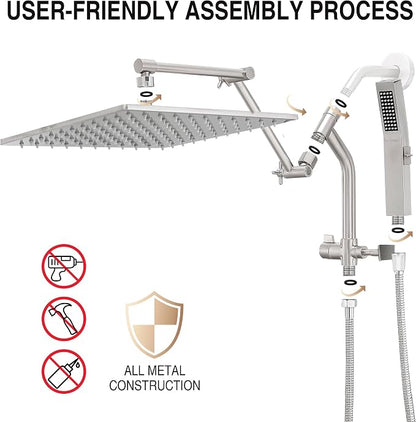 All Metal 12 Inch Rain Shower Head with Handheld Built-in Power Wash Mode, High Pressure Waterfall Rainfall Square Shower Heads with 16" Adjustable Extension Arm, Dual Showerhead(Brushed Nickel)
