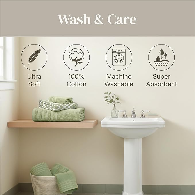 Modern Threads 6 Piece Bath Towel Set – Bathroom Set with 2 Bath Towels, 2 Hand Towels, and 2 Wash Cloths – 100% Cotton, Super Absorbent & Extra Soft – Reversible Classic Diamond (Sage Green)
