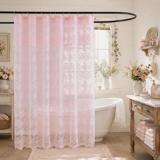 TUDECO Pink Lace Shower Curtain with Attached Valance, 72W x 84L Inch | Long Bathroom Curtain, Coquette Feminine Charm, Soft Color, Brightens Space, Scalloped Edges Reinforced Holes