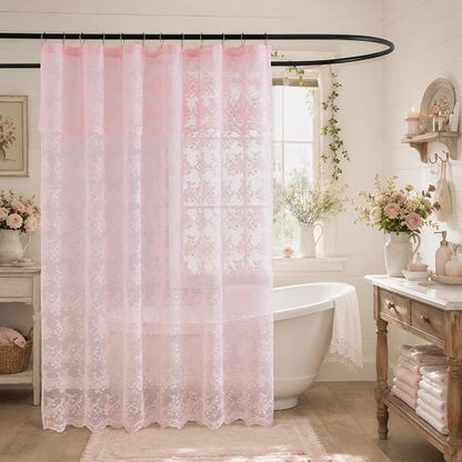 TUDECO Pink Lace Shower Curtain with Attached Valance, 72W x 84L Inch | Long Bathroom Curtain, Coquette Feminine Charm, Soft Color, Brightens Space, Scalloped Edges Reinforced Holes