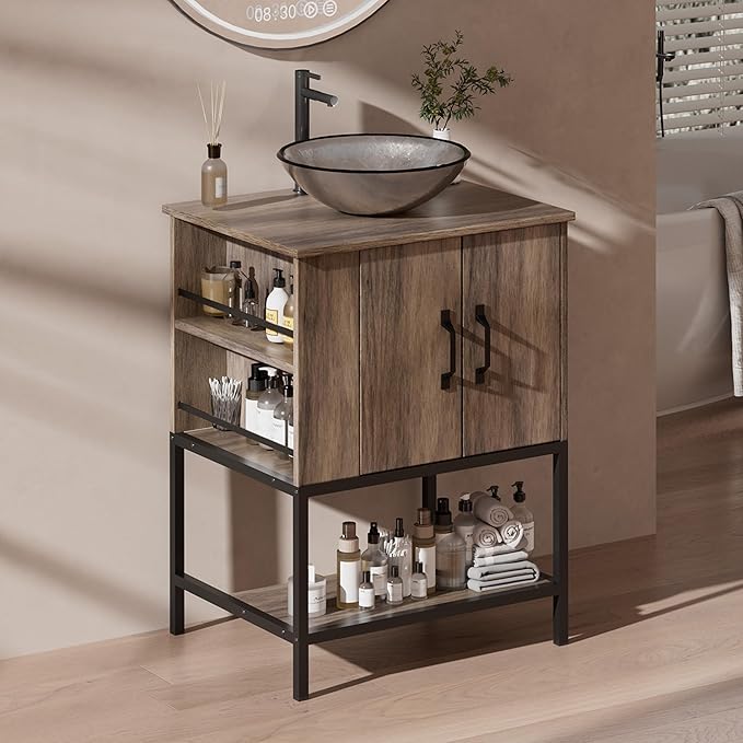 VNN Small Bathroom Vanity with Sink - 24 Inch Vanity with Sink, Freestanding Cabinet with Open Shelf, Modern Iron Wood Bathroom Cabinet with Countertop Tempered Glass Vessel, Grey
