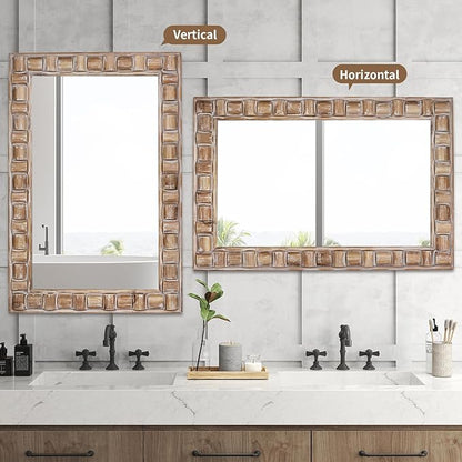 36x24 Inch Rustic Rectangle Wall Mirror - Solid Wood Frame Bathroom Vanity Mirror for Over Sink, Entryway, Living Room & Bedroom