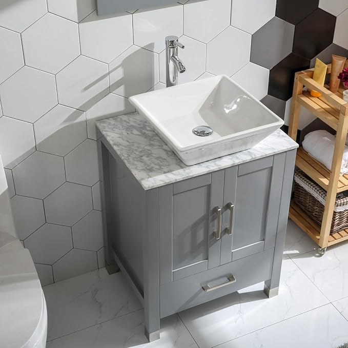 24" Gray Bathroom Vanity with Sink Combo, Solid Wood Cabinet with Ceramic Sink, Marble Countertop, Chrome Faucet, Mirror, Painted Finish