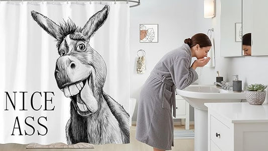 Funny Donkey Shower Curtain Rustic Farmhouse Shower Curtains for Bathroom Black and White Fun Cute Animal Wildlife Waterproof Fabric Bath Curtain Decor 72 X 72 Inch