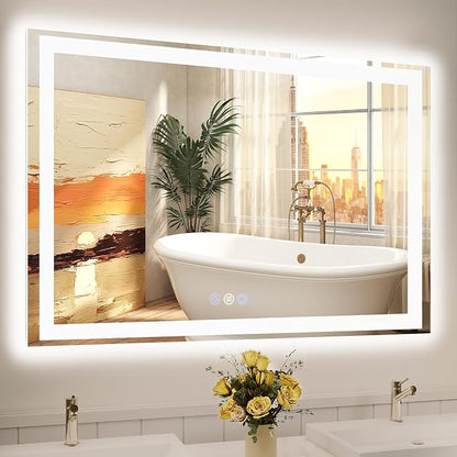 48x32 LED Bathroom Mirror, 6000LM, Separate Front and Back Lights | UL Certified,Shatter-Resistant Tempered Glass,Auto-Off Defogger,3 Color Modes,Smooth Dimming,Smart Memory Setting