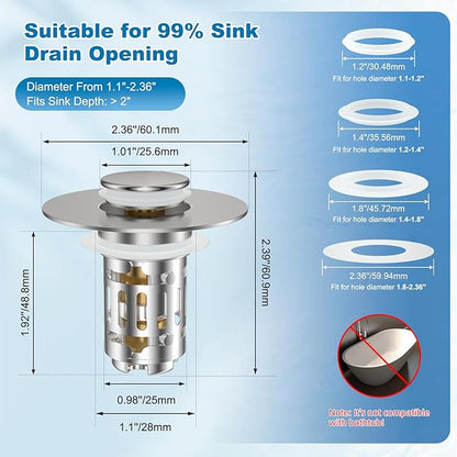 Hibbent Universal Bathroom Sink Drain Strainer, Upgraded 3 in 1 Pop Up Stopper, Removable Stainless Steel Filter Basket, Brass Bullet Core, Hair Catcher Sink Plug for 1.1''~2.36'' Hole, Brushed Nickel