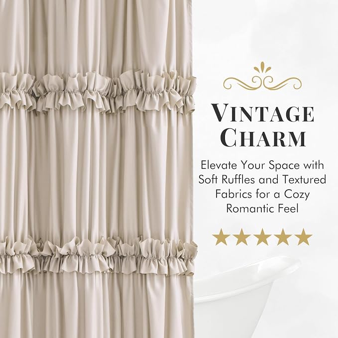 LIPA Boho Rustic Beige Ruffle Shower Curtain 72x78 Inches | Farmhouse Shower Curtains for Bathroom,Water‑Resistant Fabric Shower Curtain,Bohemian Bathroom Decor