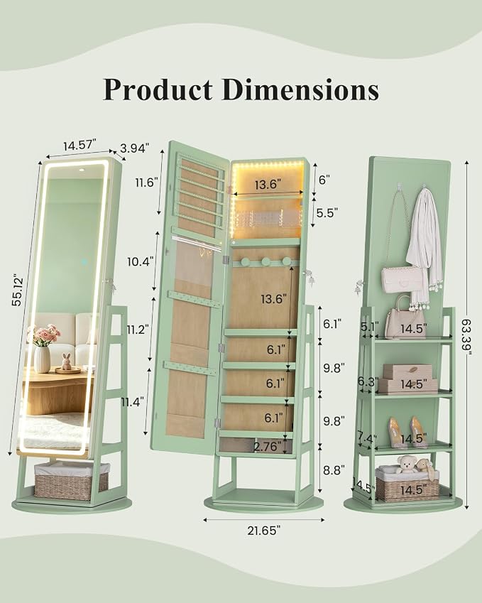LVSOMT Standing Jewelry Cabinet Mirror with Adjustable LED Light Green | 63" Lockable Jewelry Armoire Organizer with 4 Rear Shelves & Hooks, 360° Swivel, for Bedroom, Living Room, Women Girls Gift