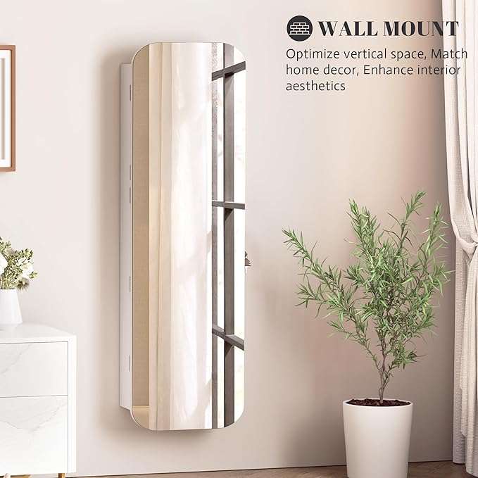 Vlsrka 47.2" Wall/Door Mounted Jewelry Cabinet Organizer Armoire W/Mirror | 6 LEDs, Over The Door Hanging Jewelry Organizer with Rounded Corner Mirror, Lockable Full Length Mirror with Storage,White