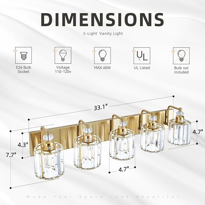 5-Light Modern Vanity Lights Brushed Brass Bathroom Light Fixtures Over Mirror Gold Bathroom Vanity Lighting with Crystal Shade E26 Base Wall Sconce for Bedroom Living Room Restroom Wall Lamp