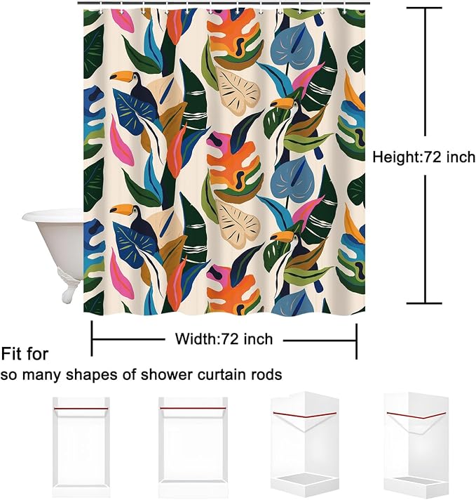Colorful Leaf Shower Curtain, Boho Bird Abstract Art Jungle Plant Bathroom Curtain with 12 Hooks, Modern Asthetic Waterproof Polyester Fabric Bathroom Decor with Hooks 72x72 Inch